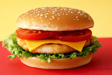 Delicious fish burger with tomatoes, cheese slices and fresh lettuce on yellow and red background 