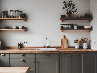 Fototapeta premium A minimal Scandinavian kitchen with cabinets and a warm wooden countertop, complemented by natural wood shelves
