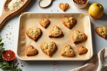 Heart-shaped baked goods arranged on a baking sheet, surrounded by baking ingredients