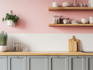  A minimal Scandinavian kitchen with cabinets and a warm wooden countertop, complemented by natural wood shelves