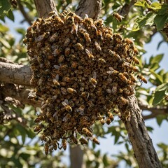 A honeybee hive hanging from a tree branch buzzing with activity.