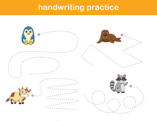Handwriting Practice. Tracing lines for kids with animals. Vector Illustration