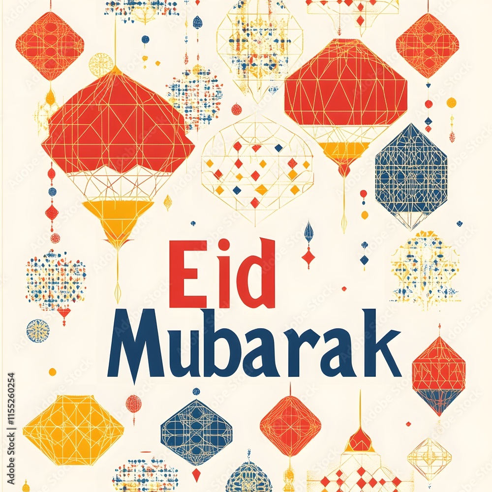 Poster a modern eid card featuring geometric islamic patterns and the text 