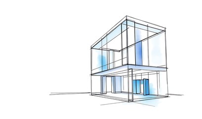 Modern Glass House Architectural Sketch: Clean-lined, Detailed Illustration. AI Generated