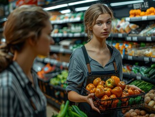 Obraz premium Two people work in the produce section of a supermarket, organizing fresh vegetables. The atmosphere is busy, with vibrant colors in the produce display.