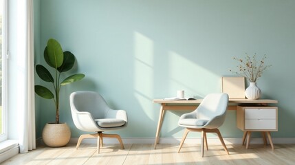 Fototapeta premium Serene Minimalist Home Office Space with Light Green Walls and Natural Wood Accents