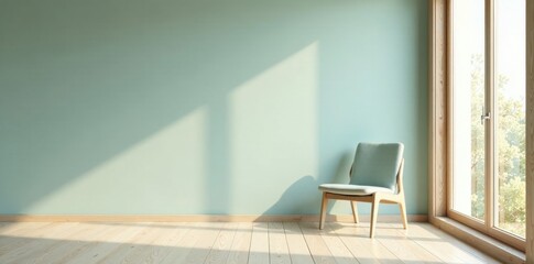 Serene Minimalist Room Featuring a Light Teal Chair and Sunlight Streaming Through a Window