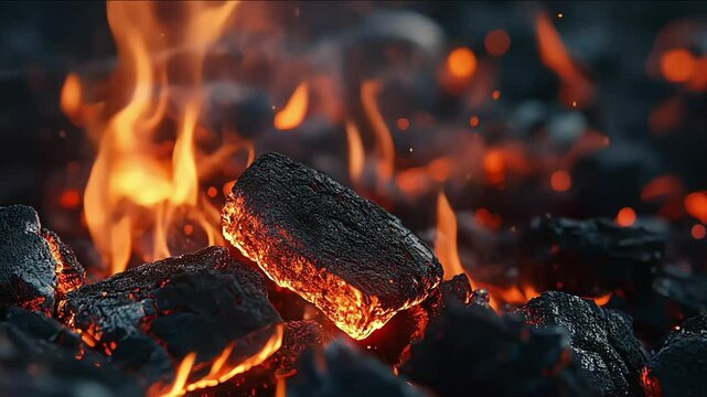 Closeup of burning coals in a fireplace or barbecue grill. The flames are bright orange and red, and there is smoke rising from the fire. The coals are glowing hot