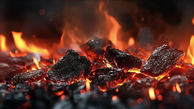 Closeup of burning coals in a fireplace or barbecue grill. The flames are bright orange and red, and there is smoke rising from the fire. The coals are glowing hot