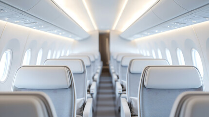 Fototapeta premium Modern airplane interior with spacious seating and soft lighting