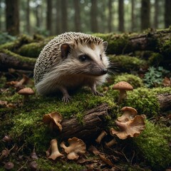 A hedgehog exploring a fallen log covered in mushrooms and moss.