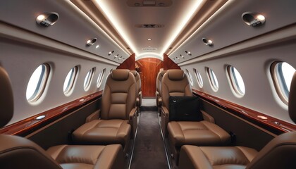 Fototapeta premium Luxurious Private Jet Interior with Leather Seats and Large Windows