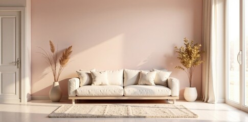 Serene Living Room Interior Design with Neutral Tones and Natural Decor Elements