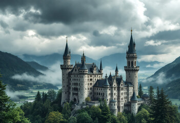 Fototapeta premium A large medieval castle with multiple towers and spires set against a cloudy sky, surrounded by lush green forests and hills in the background