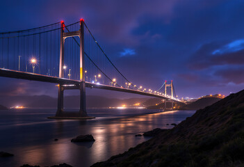 Fototapeta premium A large suspension bridge with illuminated cables and arches spanning over a body of water at night