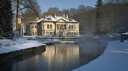 Fototapeta premium Snowy winter scene of a historic manor house reflecting in a frozen canal.