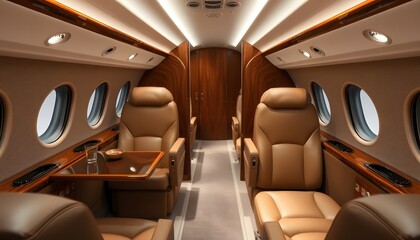 Luxurious Private Jet Cabin Interior with Brown Leather Seats