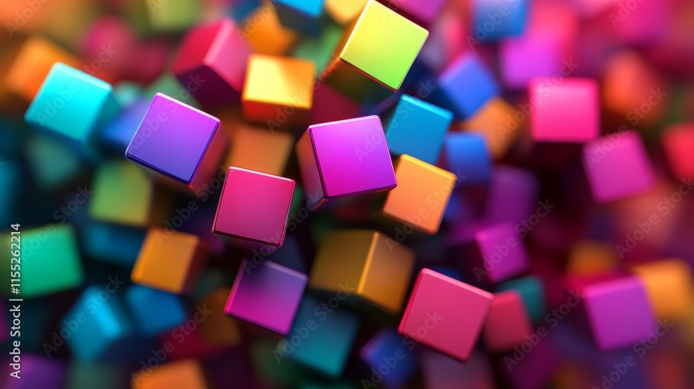 Poster colorful diversity abstract background of geometric cubes flowing in spectrum of rainbow colors