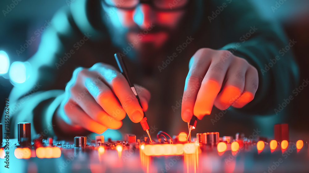 Poster engineer testing electronic components with precision tools in lab