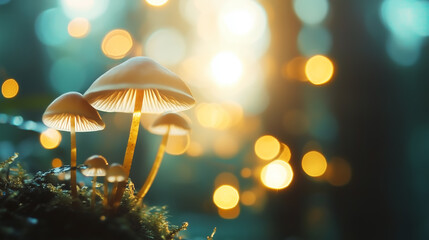 Fototapeta premium Enchanted mushrooms glow in the forest at sunset creating a magical atmosphere