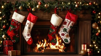 Naklejka premium Cozy Christmas fireplace with stockings