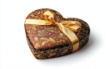 A luxurious heart-shaped gift box with golden patterns and a satin ribbon, on a bright white background