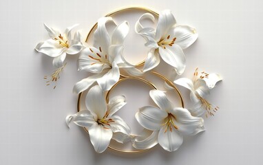 A luxurious number 8 made from white and golden lilies, set against a clean white background with modern 8 March text