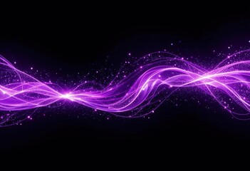 Abstract purple glowing wave with particles on a black background.