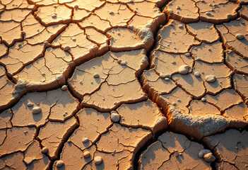 Dry cracked brown stony soil, top view.