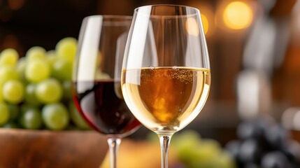 Naklejka premium Elegant Glasses of White and Red Wine with Fresh Grapes Background