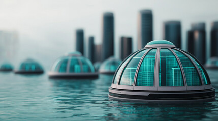 Futuristic underwater urban landscape with glass domes and modern skyscrapers