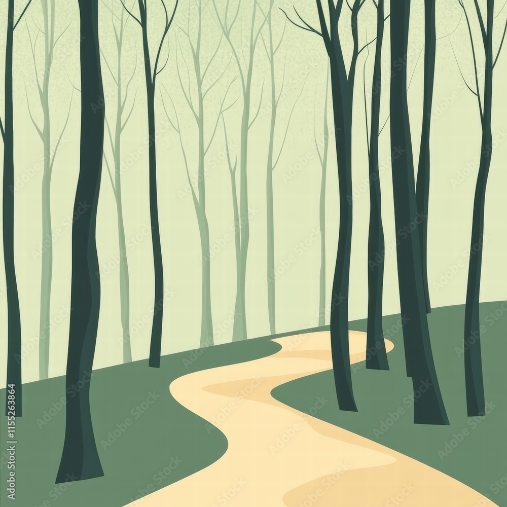 Poster winding minimalist forest path invites exploration through serene landscape. generative ai