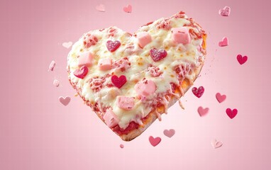 A pastel-themed heart-shaped pizza with creamy cheese and pink toppings, suspended mid-air on a light pastel pink background for Saint Valentines Day