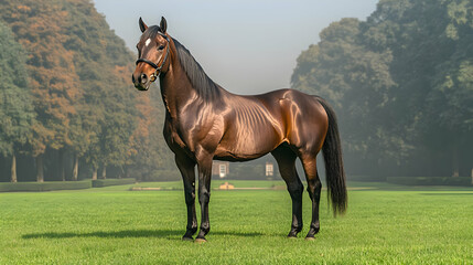 Majestic Brown Horse in Green Pasture
