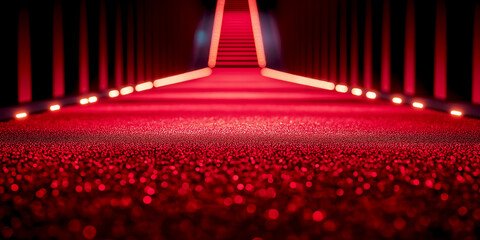 Luxurious red carpet event entrance with glowing lights, velvet ropes. Elegant premiere night walkway with red carpet and golden barriers. Exclusive gala setting, vibrant red carpet, shimmering lights
