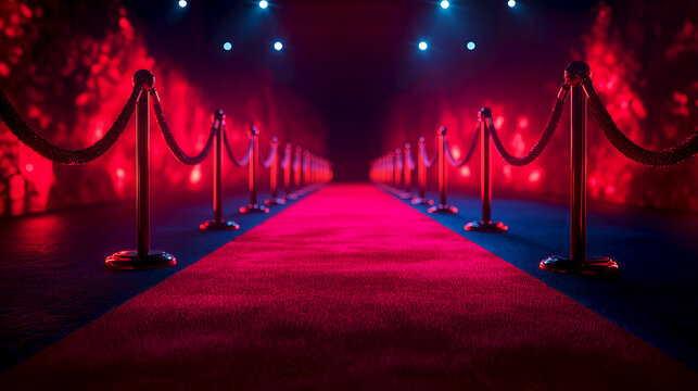 Blurred red carpet event entrance with glowing lights, velvet ropes. Elegant premiere night walkway with red carpet and golden barriers. Exclusive gala setting, film festival, shimmering lights