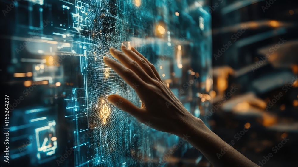 Poster hands interacting with a transparent virtual touchscreen interface