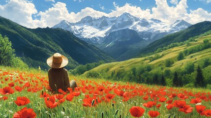 Fototapeta premium Serene Wide Shot Photo: Person Contemplating Majestic Mountain View Amidst Vibrant Poppy Field. AI Generated