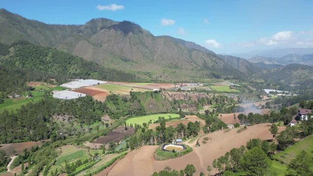 Aerial view of the agricultural landscape in the lush high valley of Constanza in the central range of the Dominican Republic