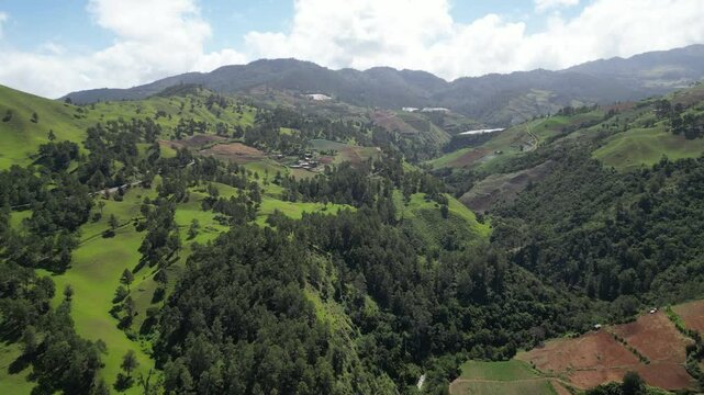 Aerial view of a lush high valley in the Valle Nuevo National Park near Constanza in the central range of the Dominican Republic