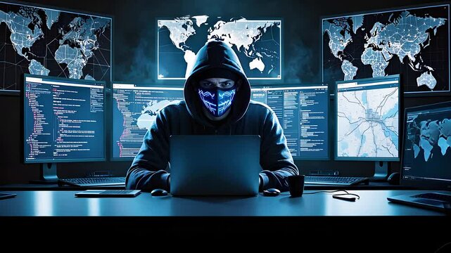 Hacker Using a Laptop in a Dark Room Surrounded by Multiple Monitors Displaying Cybersecurity and World Map Data


