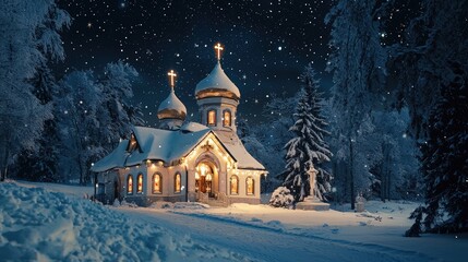 Fototapeta premium A serene Orthodox church covered in snow, with glowing windows and a starry night sky, capturing the peaceful essence of Christmas Eve
