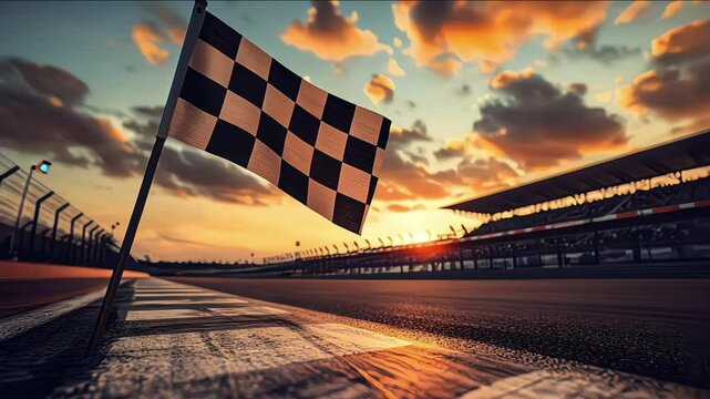 A close-up shot of a checkered flag waving at the finish line of a race , competition, speed, victory, winning