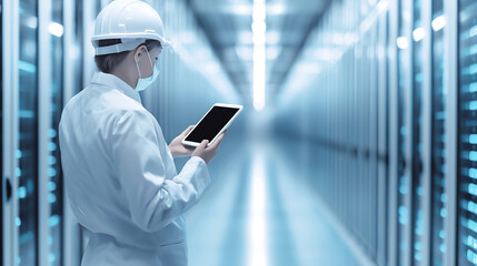 worker in lab coat and helmet uses tablet in data center