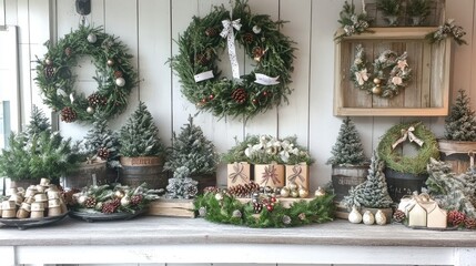 Holiday market stand selling handmade ornaments and wreaths