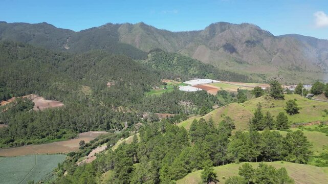 Aerial view of the agricultural landscape in the lush high valley of Constanza in the central range of the Dominican Republic