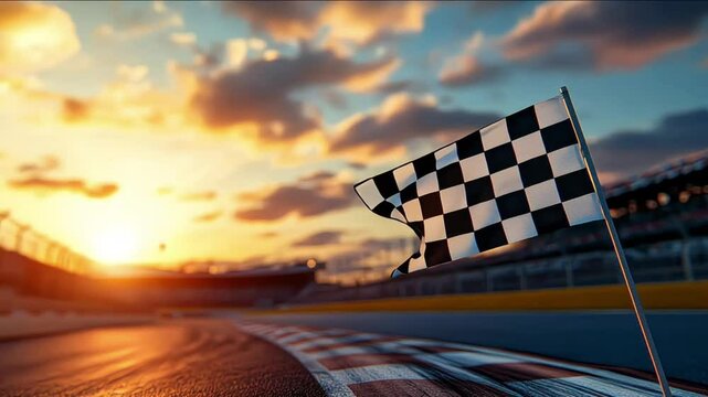 A close-up shot of a checkered flag waving at the finish line of a race , competition, speed, victory, winning