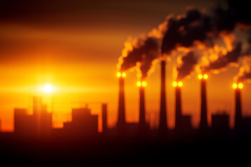 Industrial smokestacks emitting heavy pollution at sunset, creating hazy atmosphere