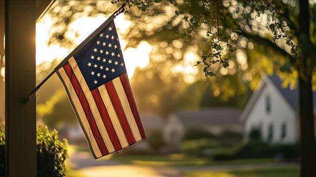 Patriotic american flag on corner of residential house with blurred background on sunny day 