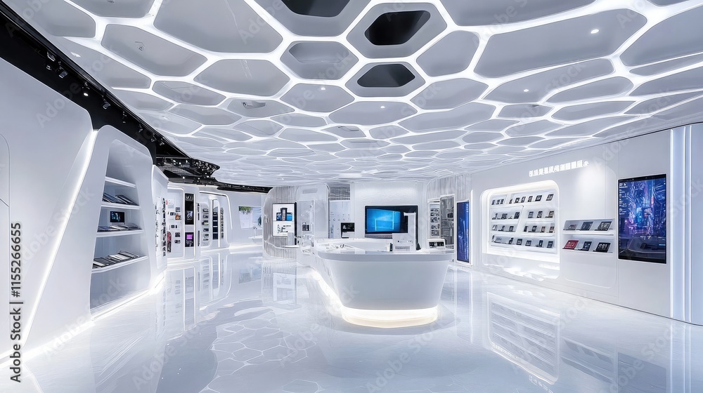 Poster innovative ceiling design with honeycomb patterns and recessed lighting in a tech showroom
